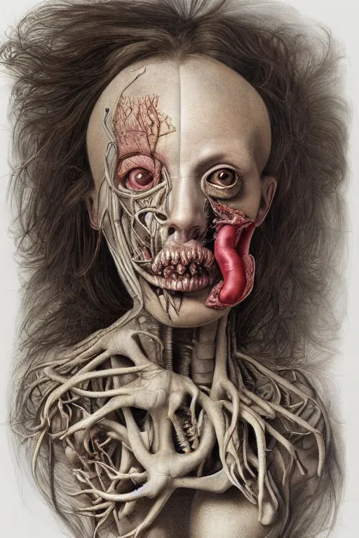 Image similar to Detailed maximalist portrait with large lips and eyes, scared expression, botanical anatomy, skeletal with extra flesh, HD mixed media, 3D collage, highly detailed and intricate, surreal illustration in the style of Jenny Saville, dark art, baroque, centred in image