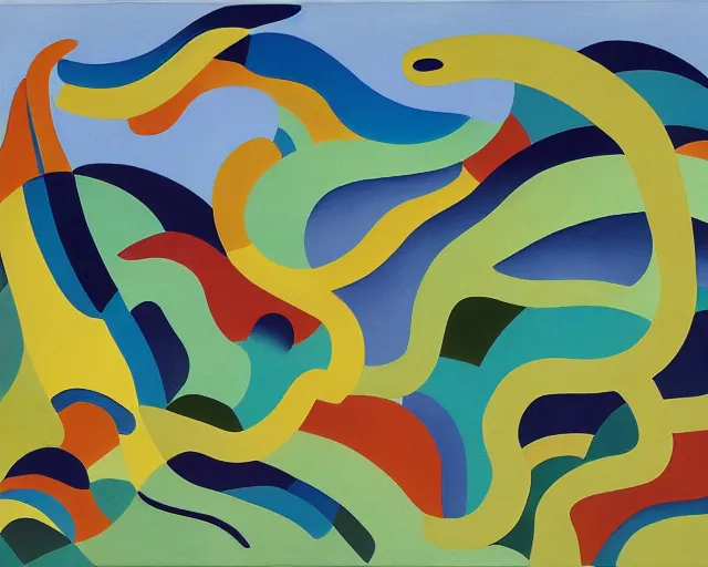 Image similar to An insane, modernist landscape painting. Wild energy patterns rippling in all directions. Curves, organic, zig-zags. Mountains. Clouds. Rushing water. Tarsila do Amaral.