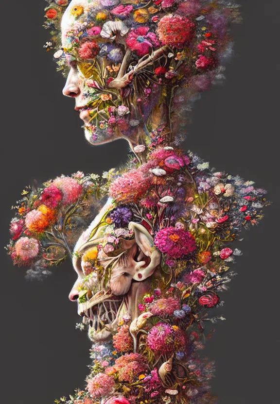 Image similar to anatomy full body made of flowers, very detailed, 8k, maximized, ornate, masterpiece, complex, by Greg rutkowski, Alex Gray, surrounded by smoke