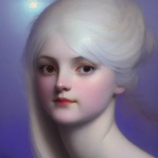 Prompt: a young woman's face, her hair is white and she wears an indigo blue satin cloak, by ivan aivazovsky and syd mead and moebius and gaston bussiere and roger dean and pieter claesz and paul delaroche and alma tadema and aelbert cuyp and isaac levitan, hyperrealistic, volumetric light, octane render