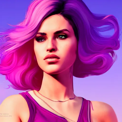 Image similar to a stunning GTA V loading screen with a beautiful woman with ombre hairstyle in purple and pink blowing in the wind, digital art, trending on artstation