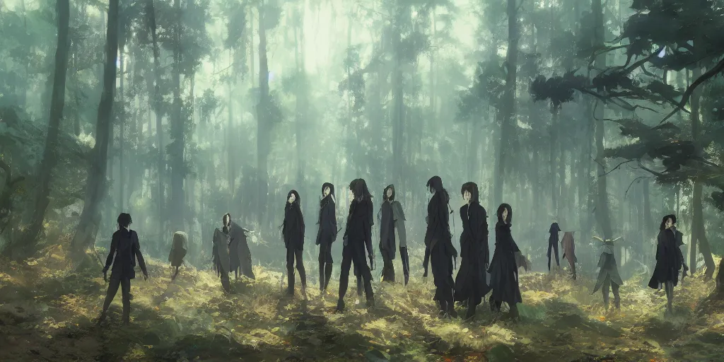 Image similar to group of vampires in the woods, hyperrealistic, trending on pixiv fanbox, painted by greg rutkowski makoto shinkai takashi takeuchi studio ghibli, akihiko yoshida