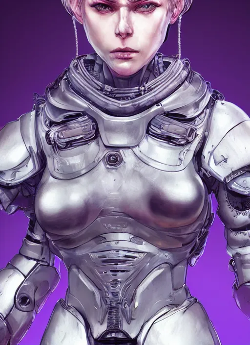 Image similar to close up portrait of a pale woman in sci - fi power armor with purple hair, powerful, domineering, stoic, masterful, intense, ultrafine hyperdetailed illustration by kim jung gi, irakli nadar, intricate linework, sharp focus, octopath traveler, yoji shinkawa, highly rendered, detailed, concept art