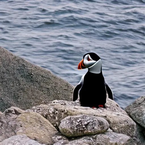 Image similar to puffin and a penguin sitting on a rock