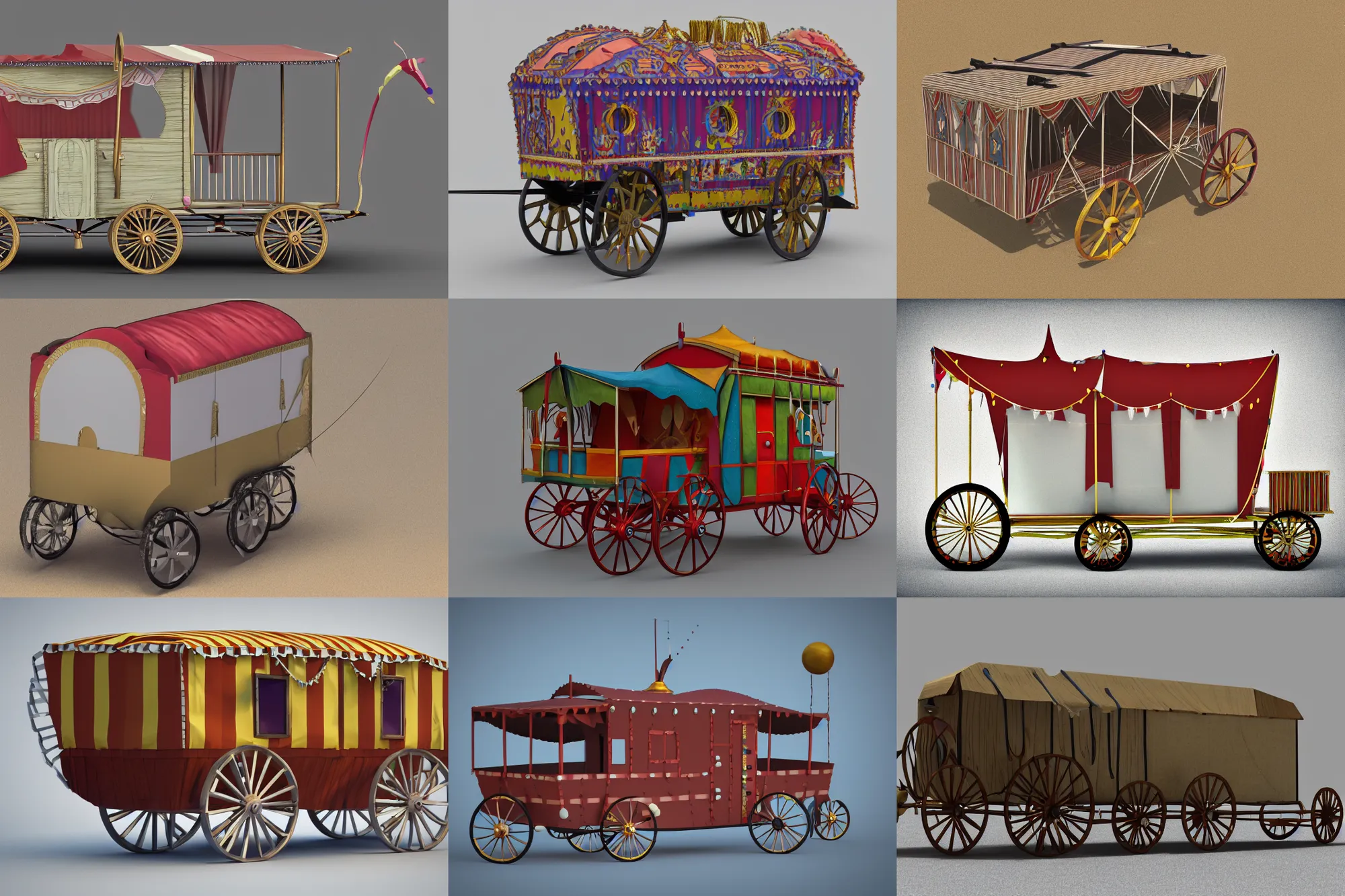 Prompt: 3d render of a minimalist gypsy circus wagon, artstaton, digital illustration
