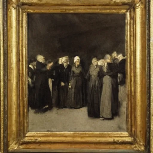 Image similar to a young woman and five man attending a funeral, by alfred stevens, charcoal