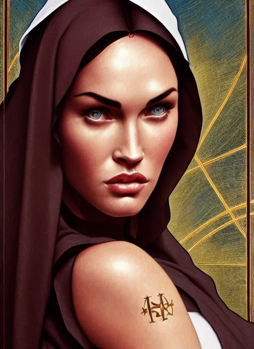 Image similar to portrait of megan fox as a sultry nun, catholic, church, bible, christian, intricate, headshot, highly detailed, digital painting, artstation, concept art, sharp focus, cinematic lighting, illustration, art by artgerm and greg rutkowski, alphonse mucha, cgsociety