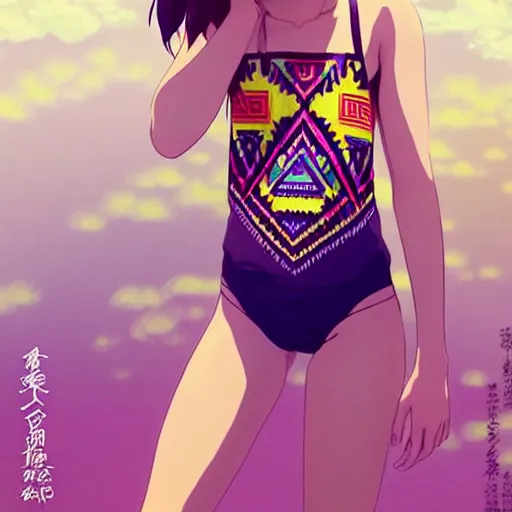 Image similar to a beautiful boyish emma watson alluring instagram model, wearing japanese hiphop aztec leotard outfit with mayan pattern and native style, aztec street fashion bathing suit, botw style, gapmoe yandere grimdark, trending on pixiv fanbox, painted by greg rutkowski makoto shinkai takashi takeuchi studio ghibli, akihiko yoshida