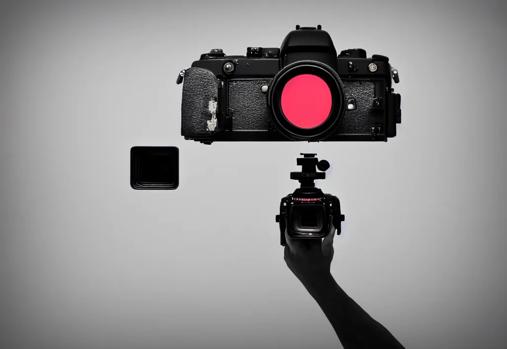 Prompt: first person view of a road coat sleeve arm hand grasping the back side rear angle viewfinder of a dslr camera with mount fuji image in viewfinder, in the style of wes anderson, rene magritte, lola dupre, david hockney, isolated on white background, dark monochrome neon spraypaint accents octane render