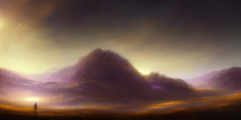 Prompt: masterpiece digital painting of a large landscape of the realm of dreams, stars in the sky, at dawn, emerging sun and hills on the horizon some light fog by wlop and sandara, and john howe, unreal engine, trending on artstation, more dark purple color scheme, cinematic lights, fireflies, sandman