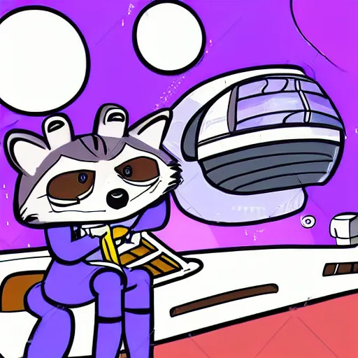 Image similar to a raccoon janitor messing with the controls on a spaceship, fantasy illustration cartoon