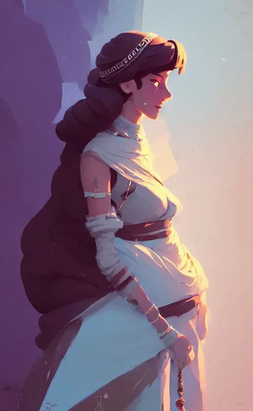 Image similar to female ottoman princess by atey ghailan, by greg rutkowski, by simon stalenhag, by greg tocchini, by james gilleard, by joe fenton, by kaethe butcher dynamic lighting, gradient light blue, brown, blonde cream and white color scheme, grunge aesthetic