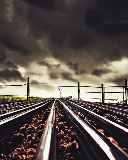 Image similar to a high definition photograph of a roller coaster track that goes up into the dark clouds