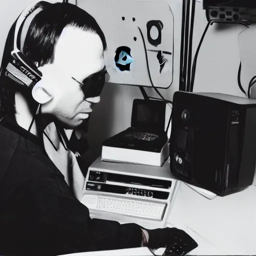 Prompt: Marilyn Manson, working in a call center, polaroid photograph, 4k