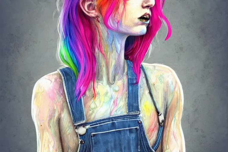 Prompt: grungy woman, rainbow hair, soft eyes and narrow chin, dainty figure, long hair straight down, torn overalls, short shorts, combat boots, wet tshirt, raining, basic white background, side boob, symmetrical, portrait, elegant, intricate, digital painting, artstation, concept art, smooth, sharp focus, illustration, art by artgerm and greg rutkowski and alphonse mucha