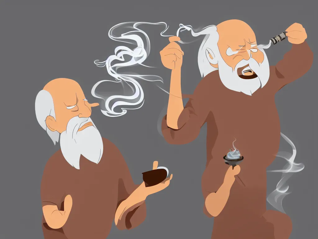 Prompt: meditating figure of an old man with a beard and white hair, hair coming out from a smoking pipe as smoke, avatar aang animation style