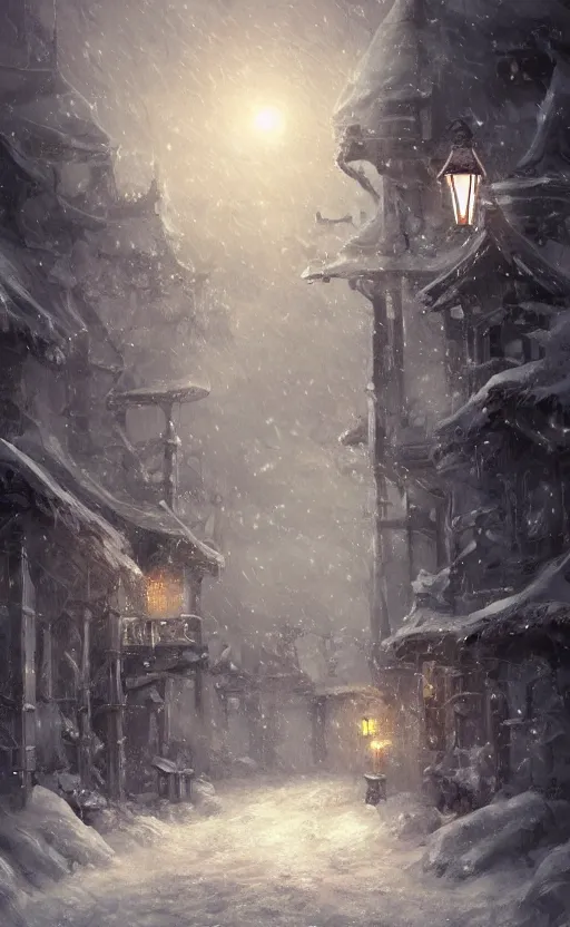 Image similar to a blurry ambient lantern in the distance of a snowy village at night, dynamic lighting, ambient lighting, atmospherical, photorealistic fantasy concept art, trending on art station, stunning visuals, creative, cinematic, ultra detailed