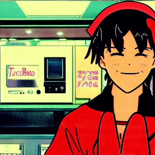 Prompt: A retro anime person working at a tacobell in the 80s with vhs filter