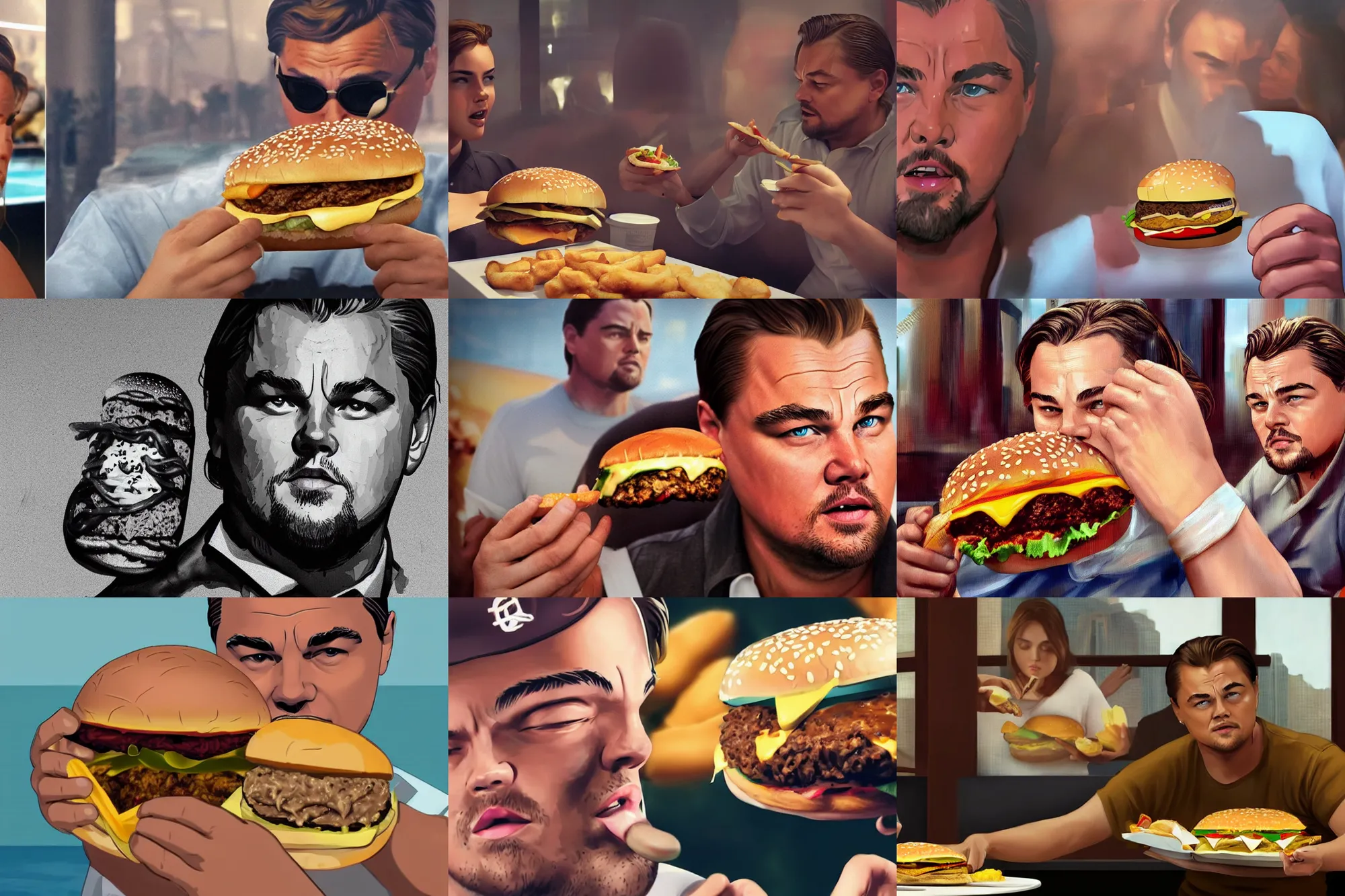 Prompt: very fat with thick chicks Leonardo DiCaprio eating big hamburger in Miami, photorealistic, artstation, 8k