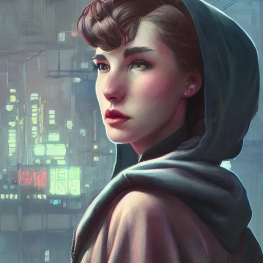 Image similar to character portrait of a 1950s girl in a hoodie with a pixie cut, dystopian cyberpunk steampunk soviet mood, intricate, wild, highly detailed, digital painting, artstation, upper body, concept art, smooth, sharp focus, illustration, art by artgerm and greg rutkowski and alphonse mucha