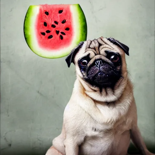 Prompt: pug in heaven eating watermelon in the style of michaelangelo