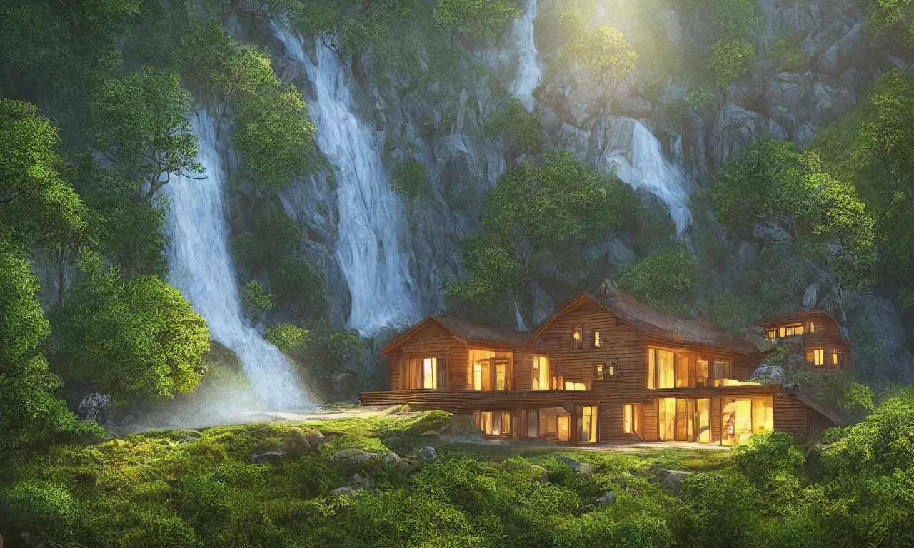 Prompt: scandinavian house in the forest on a hill, pixar, vector style, waterfall flows down from the mountain, vector art, fabulous, global illumination, warm lighting, by jordan grimmer