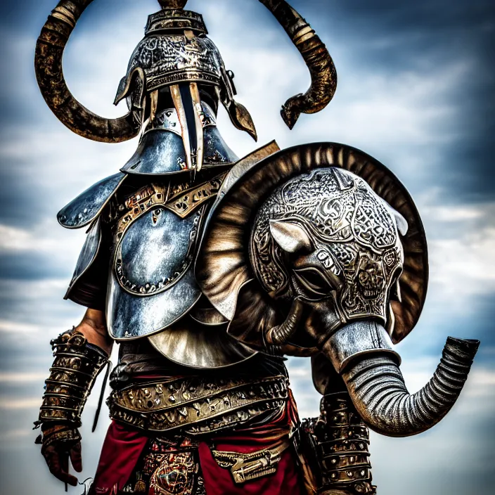 Image similar to photo of a warrior with metal elephant themed armour, highly detailed, 4 k, hdr, smooth, sharp focus, high resolution, award - winning photo