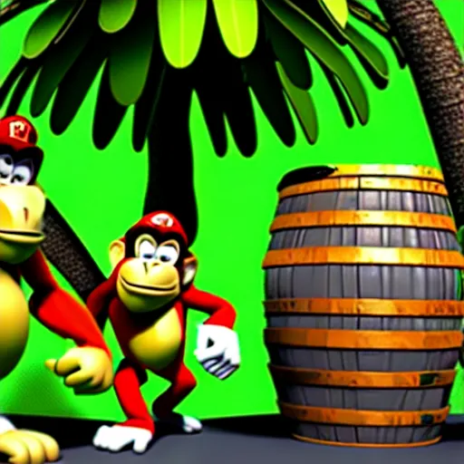 Prompt: Donkey Kong and Diddy Kong surrounded by tropical trees and barrels, 3D render