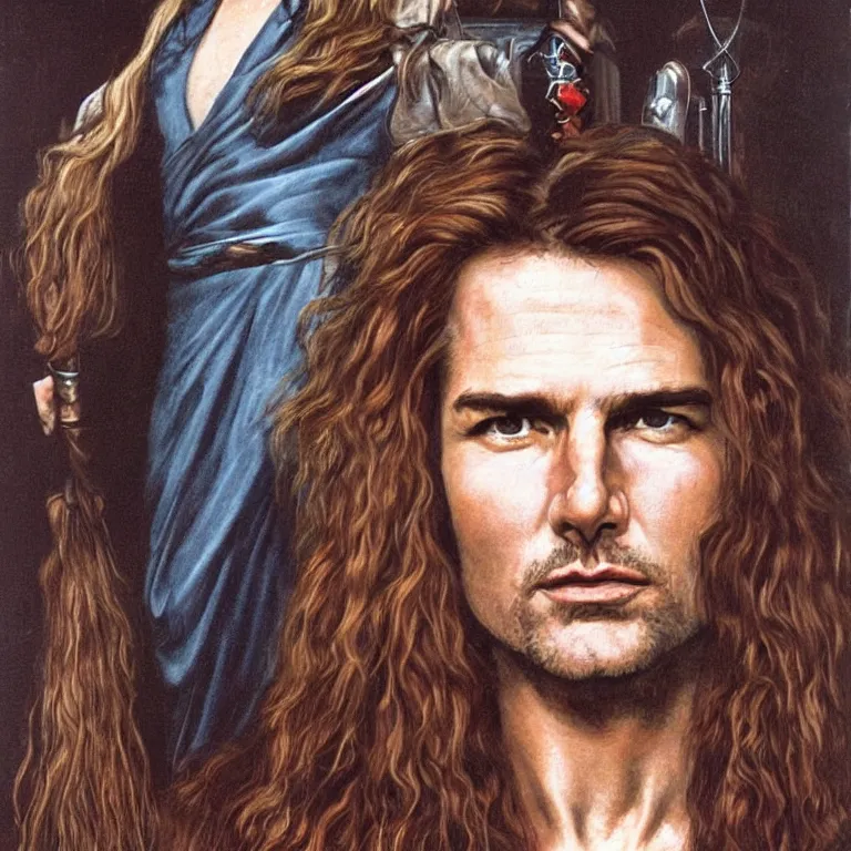 Image similar to Pre-Raphaelite portrait of Tom Cruise as the leader of a cult 1980s heavy metal band, with very long blond hair and grey eyes, high saturation