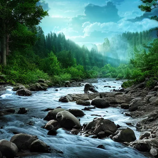 Image similar to a beautiful landscape, river, rocks, trees, volumetric lighting