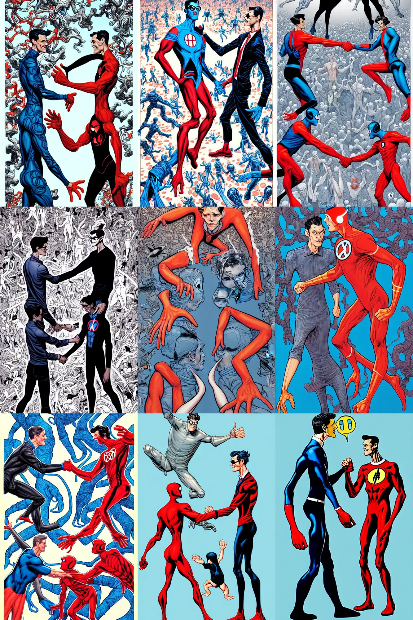 Prompt: mr. fantastic and plastic man shaking hands illustrated by james jean with very long hands and arms and fingers and legs and feet twirling and twisting around