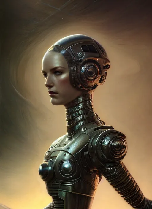 Image similar to closeup portrait shot of a female android in a scenic dystopian environment, intricate, elegant, highly detailed, centered, digital painting, artstation, concept art, smooth, sharp focus, illustration, artgerm, tomasz alen kopera, peter mohrbacher, donato giancola, joseph christian leyendecker, wlop, boris vallejo