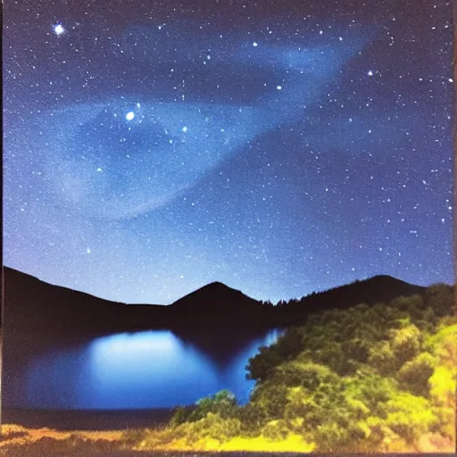 Prompt: “dark blue lake at night with tiny island being illuminated by moonlight, stars in sky”