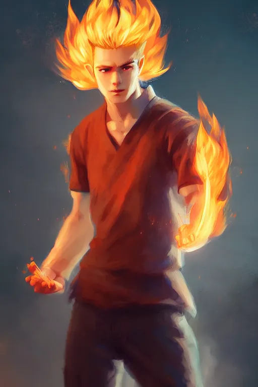 Image similar to character art by wlop, young man, blonde hair, on fire, fire powers