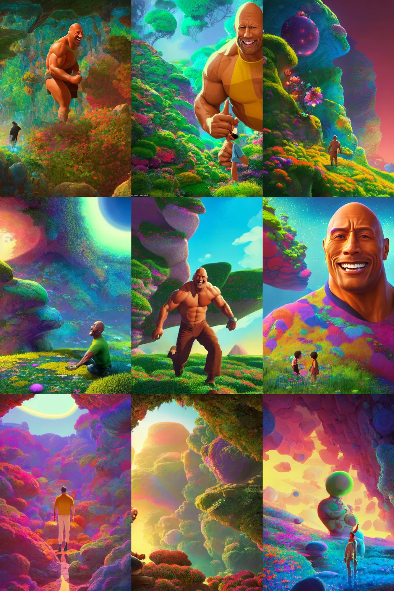 Prompt: a wholesome psychedelic illustration of a happy cartoon Dwayne Johnson exploring the trippy and color Latent Space of this AI model, studio Ghibli, Pixar and Disney animation, sharp, Rendered in Redshift and Unreal Engine 5 by Greg Rutkowski, Bloom, dramatic lighting, sunrise