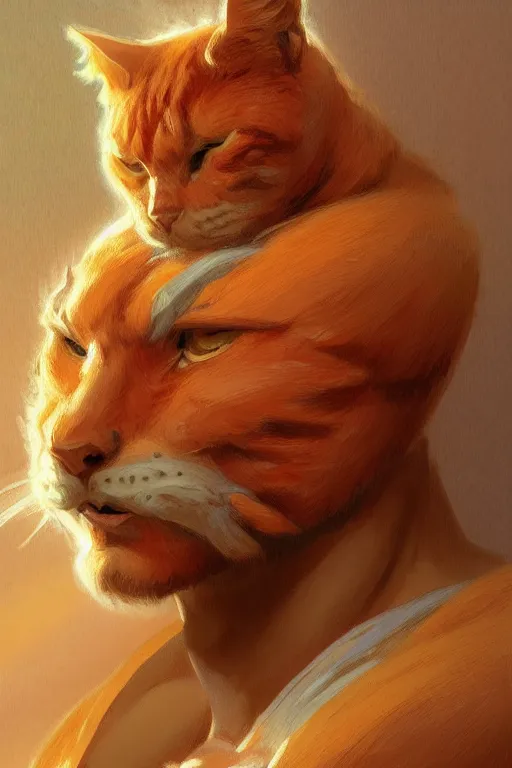 Image similar to painted portrait of rugged fat orange cat, god of thunder, greek god, masculine, powerful, handsome, upper body, white robe, muscular, fantasy, intricate, elegant, highly detailed, digital painting, artstation, concept art, smooth, sharp focus, illustration, art by gaston bussiere and alphonse mucha
