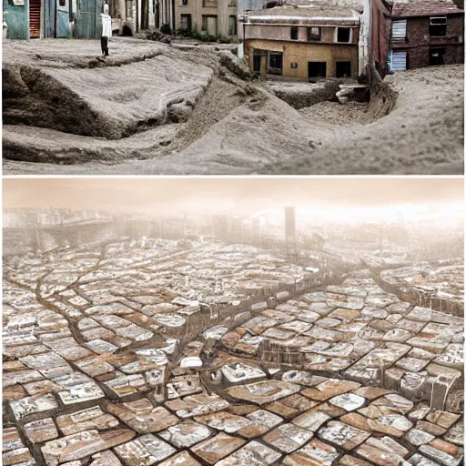 Prompt: a tiny world with streets and houses made of mud, ambient light, beautiful photography