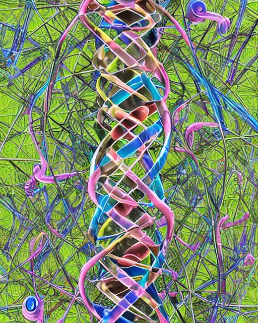 Image similar to in a field, two scientists in lab coats encounter a monster shaped like the DNA double helix, digital art