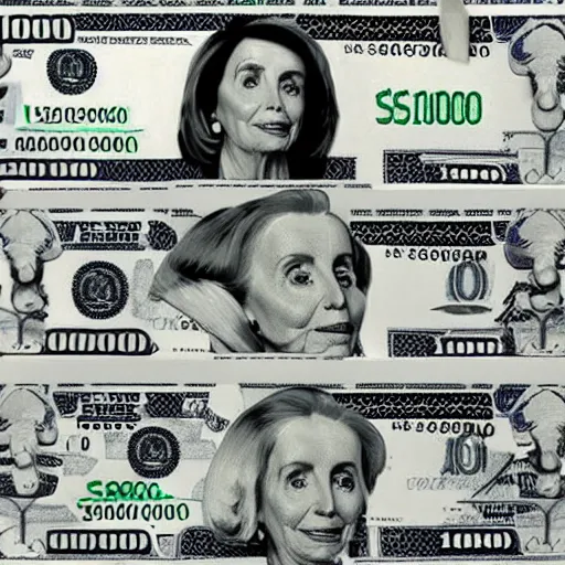 Image similar to nancy pelosi collecting stacks of 1 0 0 dollar bills wlop