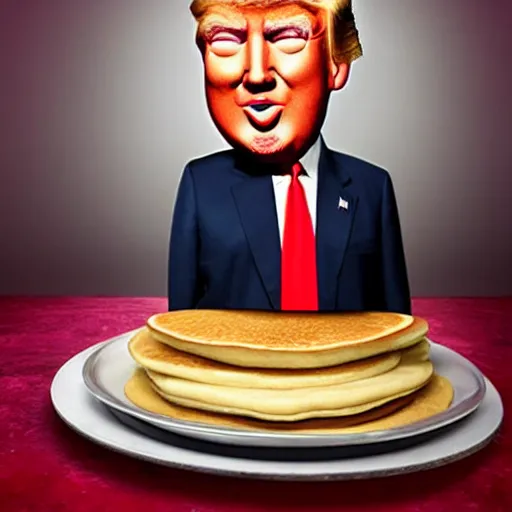 Image similar to Donald Trump anthropomorphic pancake stack, food photography