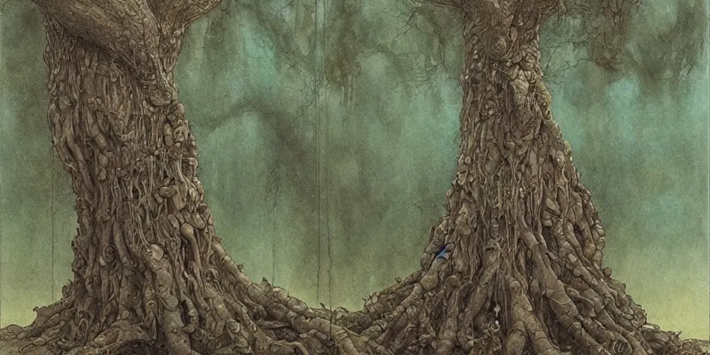 Image similar to Artwork by John Howe of The corpse of a giant that has a tree growing through its chest.