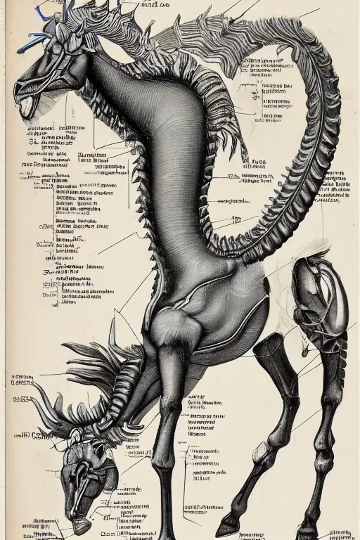 Image similar to anatomical encyclopedia illustration of a kirin, photorealistic, diagram, intricate details