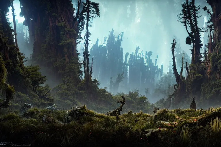 Image similar to wide epic shot from horizon forbidden west with a view on a hyper detailed organic mechanic creatuve realistic similar look as horizon forbidden west horizon zero dawn, bioluminiscence in a dark deep forest at dawn in spring, with reflection and textures, by kilian eng, substance painter realistic mech surface metal painted scratches, world env from horizon forbidden west horizon zero dawn