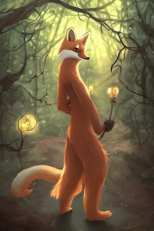 Image similar to a pretty medieval anthropomorphic fox with a fluffy tail in the forest, comic art, trending on furaffinity, cartoon, kawaii, backlighting, furry art!!!, radiant light, bokeh, trending on artstation, digital art