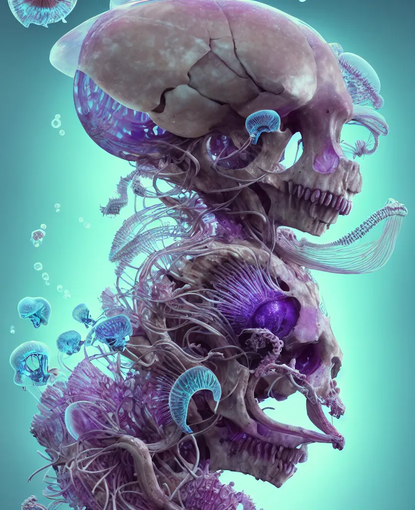 Image similar to goddess close-up portrait ram skull, thorax, x-ray, backbone, jellyfish phoenix head, nautilus, orchid, skull, betta fish, bioluminiscent creatures, intricate artwork by Tooth Wu and wlop and beeple. octane render, trending on artstation, greg rutkowski very coherent symmetrical artwork. cinematic, hyper realism, high detail, octane render, 8k