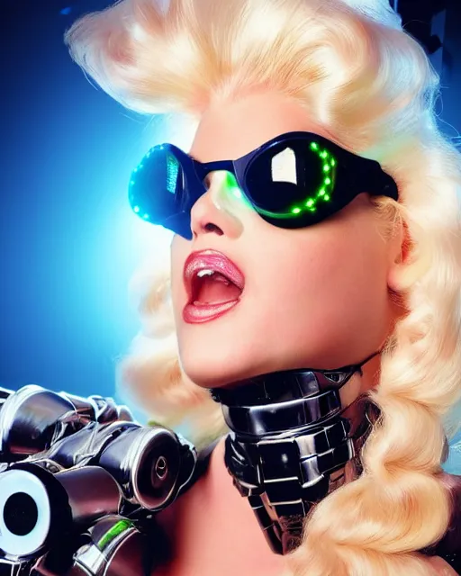 Prompt: centered portrait photo of soulful young anna nicole smith as a solarpunk mecha humanoid robotic parts wearing goggles with bright lights, real human face, pudica pose, inside white room, ultra - realistic and detailed, 8 k