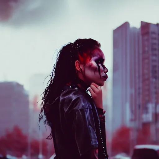 Prompt: Cinestill 50d candid photography of a city on fire, extreme wide shot of a poor techwear mixed woman wearing thick mascara and makeup crying outside of a futuristic city on fire, cyberpunk, tattoos, extreme long shot, desaturated, full shot, blurry, 4k, 8k, hd, full color