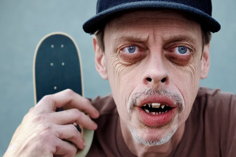 Image similar to closeup potrait of steve buscemi wearing a backwards cap and holding a skateboard, natural light, sharp, detailed face, magazine, press, photo, steve mccurry, david lazar, canon, nikon, focus