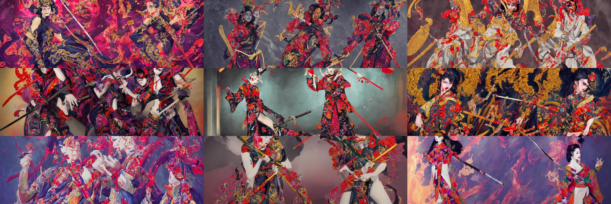 Prompt: giesha demon wearing a kimono + holding a samurai sword, innovative avant - garde art, deco fashion, photorealistic portrait, crisp quality and light reflections, inside a room with marble columns, transcendent, vibrant color, clean linework, finely detailed, tarot card with ornate border frame, 4 k, trending on artstation, volumetric lighting