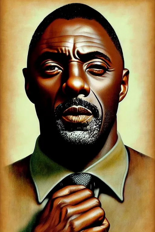 Image similar to idris elba portrait by gil elvgren and norman rockwell and rob gonsalves and hajime sorayama, hyperrealistic, high detail, ultra detailed, highly detailed face, ruffled fabric